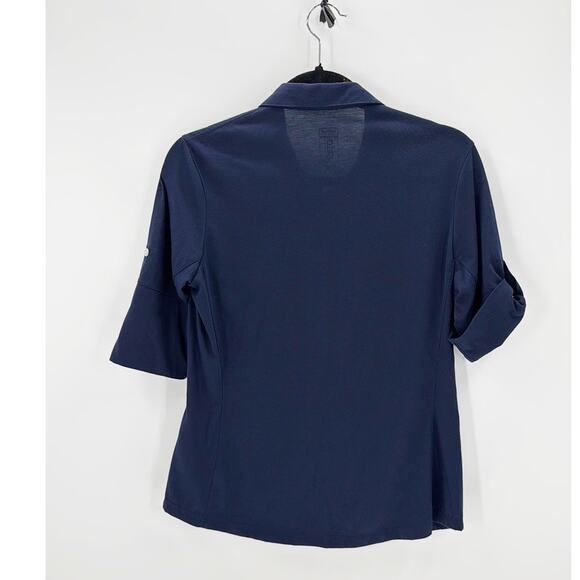 Stio Divide navy blue button up roll tab sleeve 2 quarters size M lightweight - Picture 2 of 5